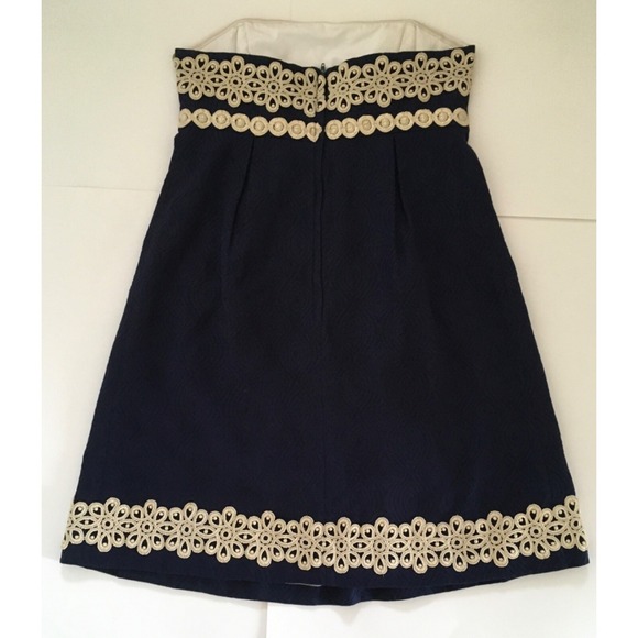 Lilly Pulitzer Betsey Navy Blue and Gold Jacquard Strapless Dress Size 8 - Picture 7 of 16